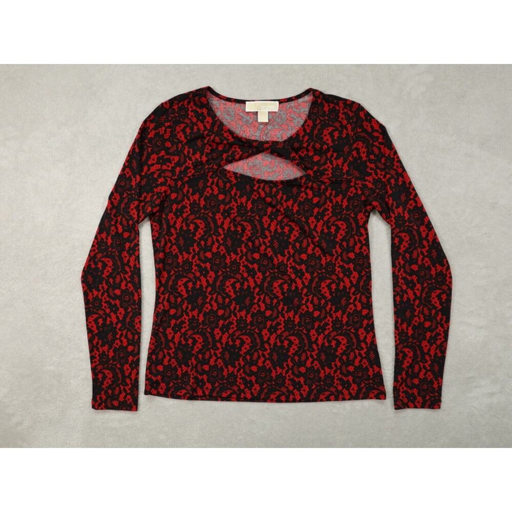 Michael Kors Womens Red Long Sleeve Lace Print Front Twist Opening Blouse Size S